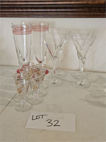 Gold Leaf Cherry / Long Stem Champs & Footed Tea Glasses