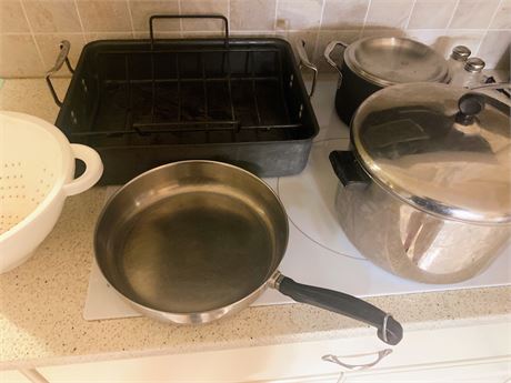 Cookware Lot - Roaster, Sauce Pan, Colande, Steamer Pot & More