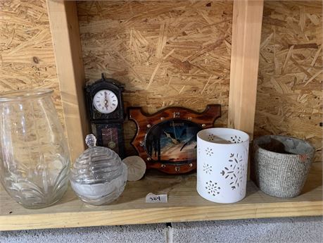 Garage Shelf Cleanout - Clocks - Glass Vase- Glass Candy Dish - Candleholder