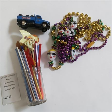 Vin Swizzle Sticks & Cocktail Stirrers, Jester Mask Mardi Gras Bead Necklaces
