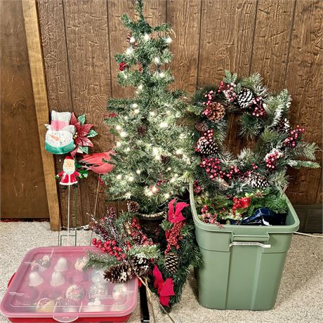 Terrific Christmas Lot! - 44"T Tree, Wreaths, Picks, Ornaments and More