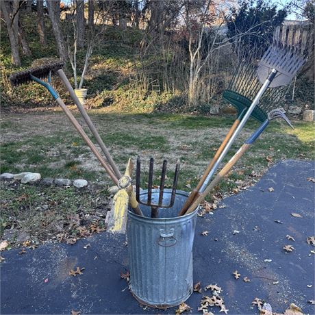 Vintage Metal Trash Can Filled W/ Yard Tools