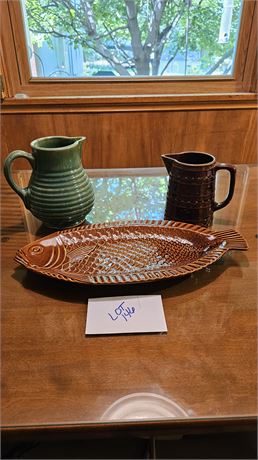 Marcrest Brown Pitcher, Antique Green Glaze Pitcher, Oven Proof Fish Platter