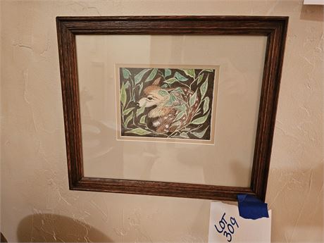 Signed Linda Robinson Art Pen & Watercolor Fawn Painting 1986