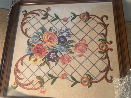 Vintage  Wood Framed Floral Needlepoint Canvas Tapestry Panel Wall Art