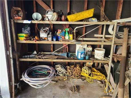 Heavy Duty Metal Shelf-Loaded with Supplies/Yard Tools/Chemicals/Rope&More