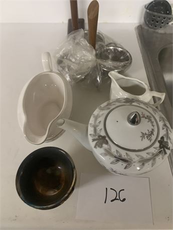 Kitchen Lot - Lefton China Silver Anniversary Teapot, Gravy Boat, Tea Strainers