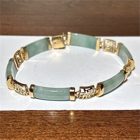 14k Gold Green Jade Link Bracelet - 7.5"L