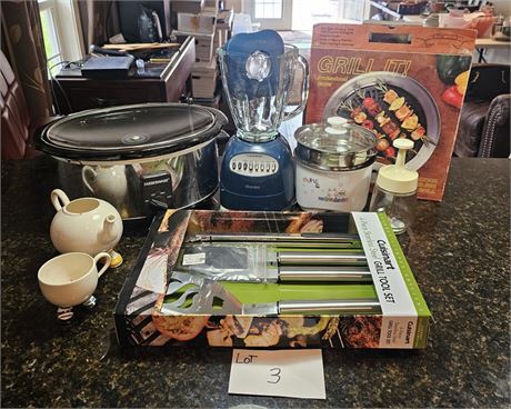 Mixed Kitchen Lot- Grill Tools, Crock Pot, Blender & More