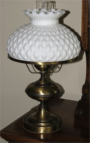 Brass Hurricane Lamp With Milk Glass Shade