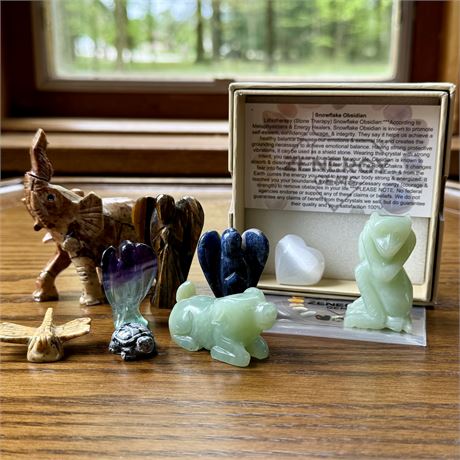 Collection of Semi-Precious Carved Stone Angels and Animal Figurines