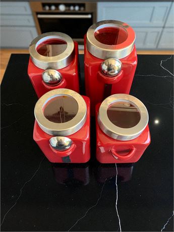 Red Kitchen Canister Lot With Lids and Metal Spoons
