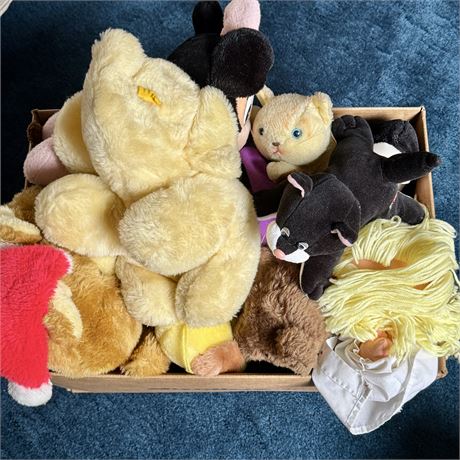 Box Filled with Vintage Plush Stuffed Animals - Disney, Teddies, Opus & More