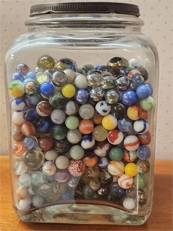 Large Antique Biscuit Jar Full of Antique to Modern Marbles