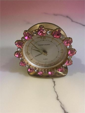 Phinney-Walker Wind Up Boudoir Alarm Clock W/Pink & Clear Rhinestones Org Box
