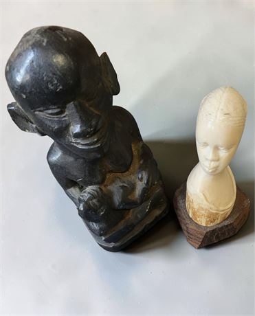 Hand-Carved African Kongo (Congo) Funerary Statue & Ivory Colored Female Bust