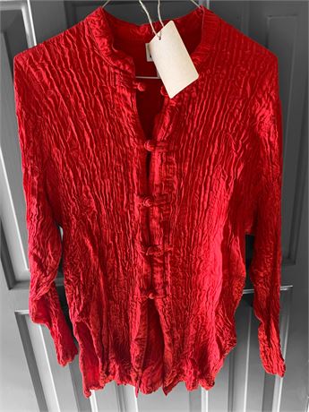 Chico's Design 100% Silk Red Crinkled Shirt W/Mandarin Collar & Frog Closures