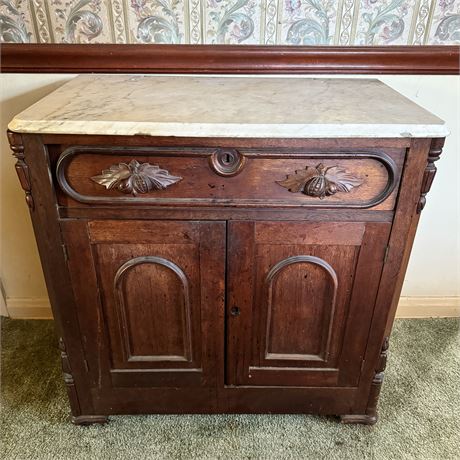 Antique Wood Cabinet with Marble Top on Casters - 29.5"T x 29" x 16"