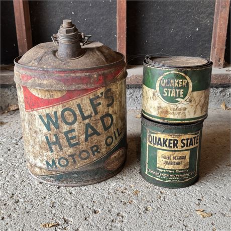 Vintage Wolf's Head and Quaker State Oil and Lubricant Cans