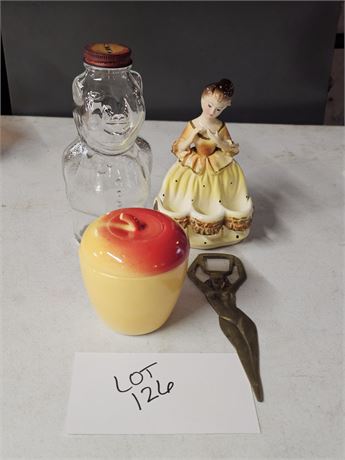 Mixed Kitchen Lot- Risque Bottle Opener, CME Lady Napkin Holder, Apple Sugar