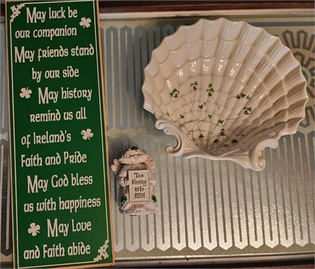 Irish Sign, Figurine & Beautiful Byron Mold Shamrock Shell Dish