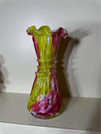 Byske Vtg Splatter Glass Vase, Pink and Yellow