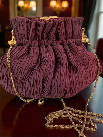 Vintage Purple Vanessa Ribbed Silk Handbag W/Gold Chain Strap
