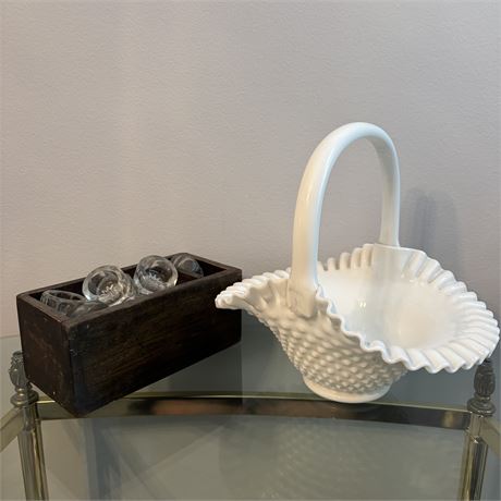 Fenton Milk Glass Basket and Collection of Antique Salt Cellars