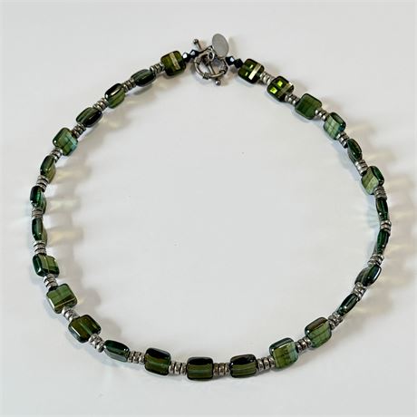 Vintage Sterling Silver & Green Glass Beaded Choker Necklace - 16"