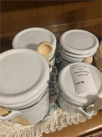 White Ceramic Kitchen Canister Set of 4 - Airtight Lids & Wooden Spoons