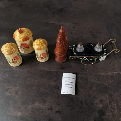 Salt/Pepper Shaker Lot - 1950s Parisienne Flower Cart, Georgian Style Treen Wood