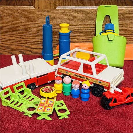 Vintage Fisher Price Family Car & Pop-Up Camper + Pretend Play Adventure Items