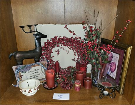 Large Decorative Red & Burgandy Tone Lot, Wreath, Faux Berries, Candles, Art & M