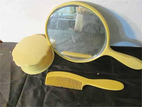 Vintage 1940's Yellow Celluloid 3 Pcs Lady's Dresser set