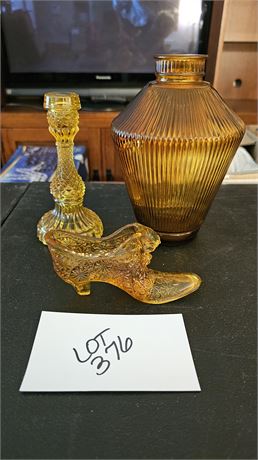 Wheaton Amber Glass Decanter Bottle(No Stopper), Fenton Shoe, & Candle Stick