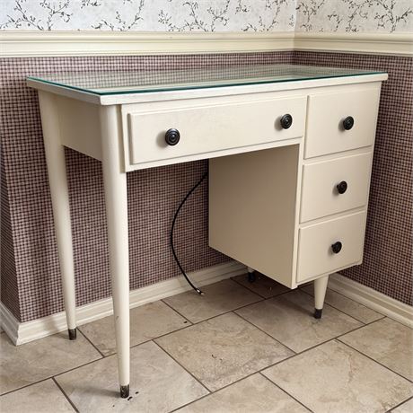 Cream Painted Wooden Desk w/ Protective Glass Top - 35.5 x 17 x 30"T