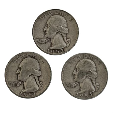 1950's Washington Silver Quarters - 1951. 1952, 1953