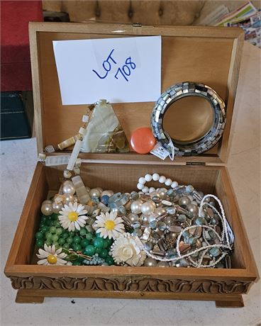 Vintage Jewelry Box w/ Mixed Costume Jewelry, Necklaces, Bracelets Earrings