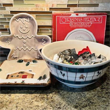 Christmas Cookie Plates, Large Bowl, Cookie Cutters