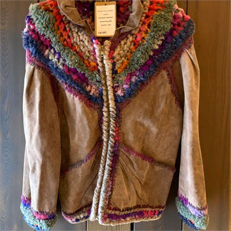 Boho Rainbow Yarn Crochet Brown Suede Yoke Zip Up Jacket/Coat