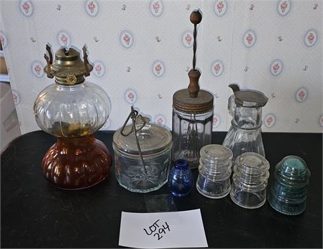 ANTIQUE OIL LAMP, INSULATORS, CHOPPER & MORE