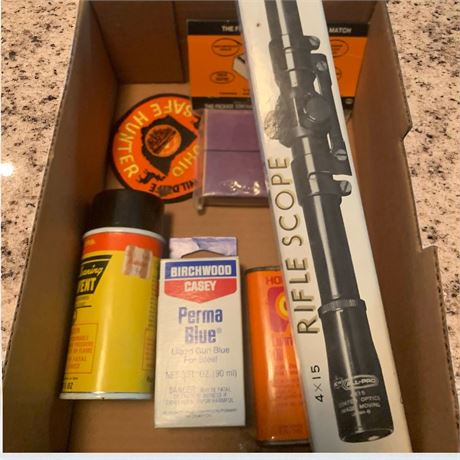 Gun Accessories Lot - Rifle Scope, Gun Cleaning Solvent, Perma Glue & More