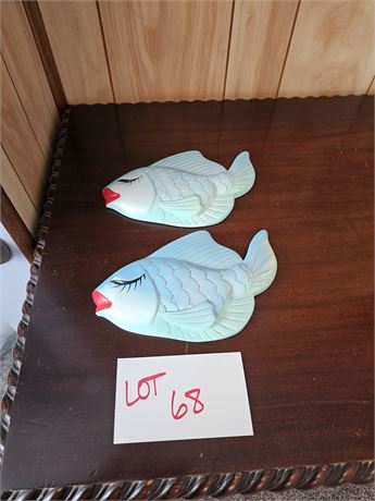 Vintage MCM Teal Chalkware Wall Fish Set