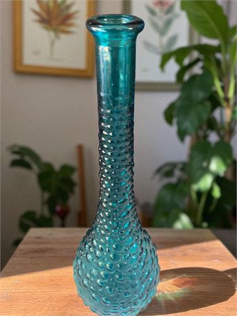Italian Empoli Teal Blue Hobnail Pattern Glass Genie Bottle 15 Inches Tall