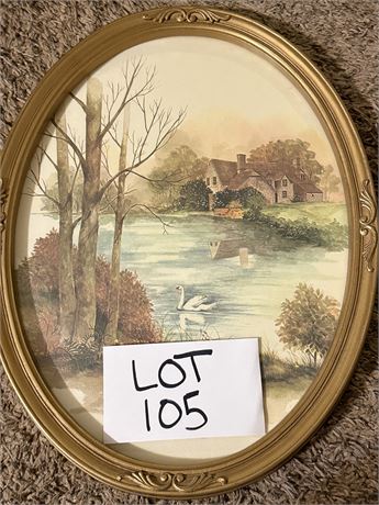 Vintage Homco Oval Watercolor Print 13" X 17" Cottage Pond