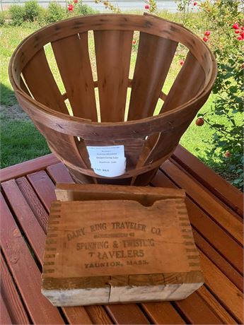 Antique Wooden Box Dary Ring Traveler Co & Wood Orchard Half Bushel Fruit Basket