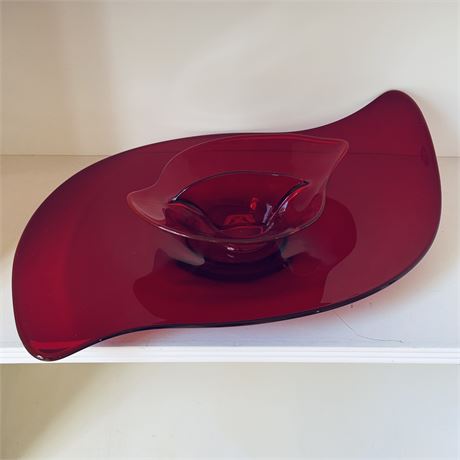 Vintage Ruby Red Art Glass Hors d'Oeuvre Plate w/ Dip Bowl - 17 5/8"L
