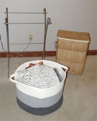 Wicker Hamper, Towel Rack, Basket of Blankets