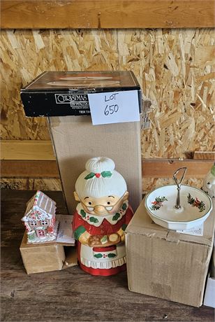Mixed Christmas Lot- Cookie Jar, Pfaltzgraff Tier Tray & More