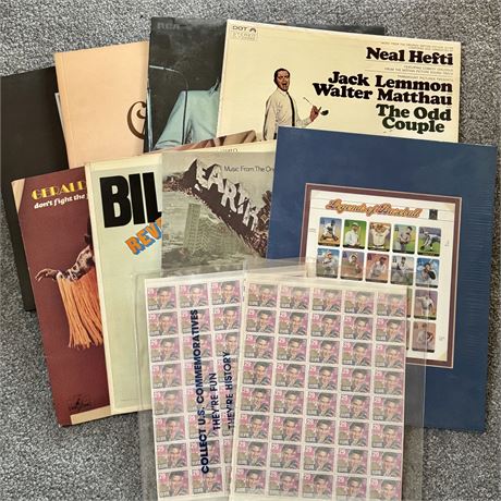 Small Lot of Vintage Vinyl Records and Legend of Baseball + Elvis Unused Stamps